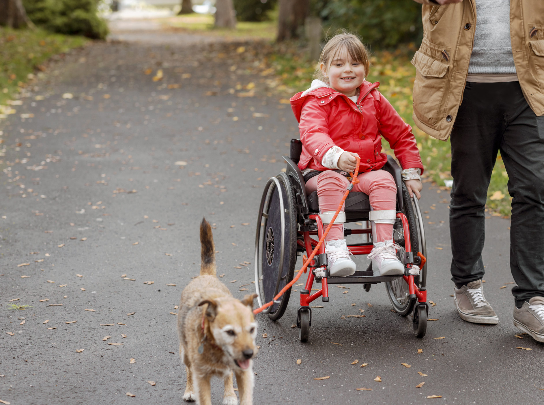 Tyttö pyörätuolissa ulkoilemassa koiran kanssa